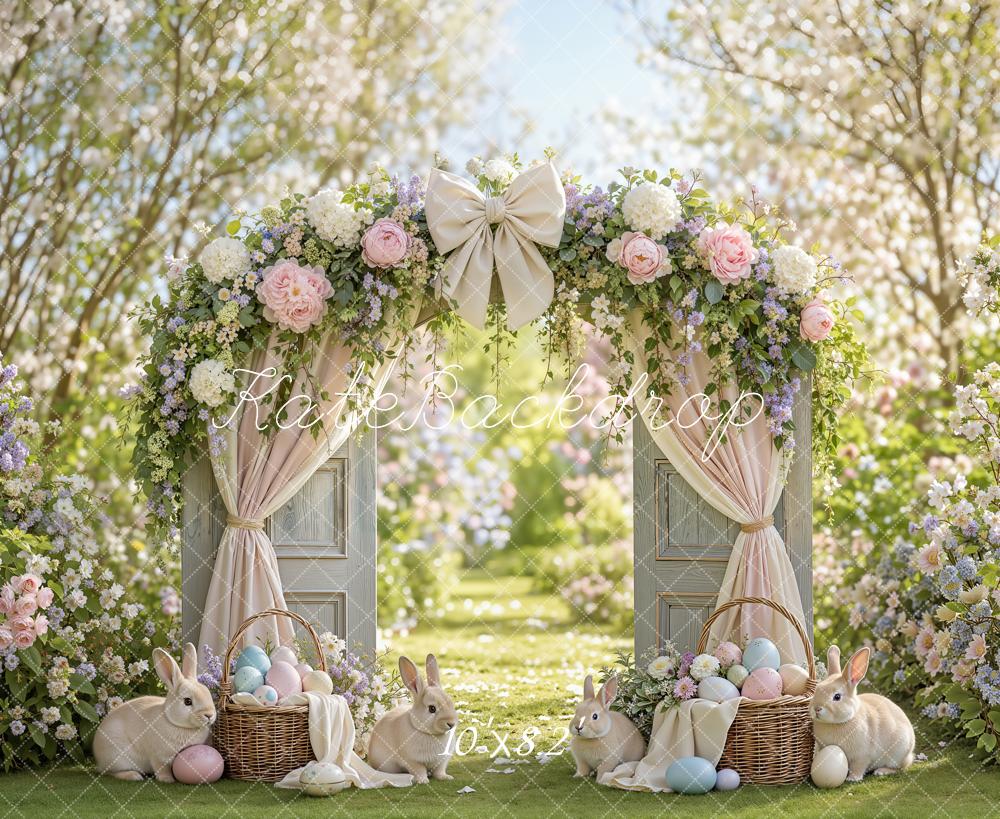 Kate Easter Flower Arch Garden Door Bunny Bow Curtains Printed Backdrop Designed by Emetselch