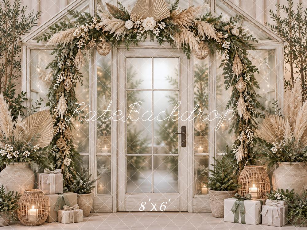 Kate Christmas Boho Greenery Arch Glass Door Gifts Printed Backdrop Designed by Vertigo Productions