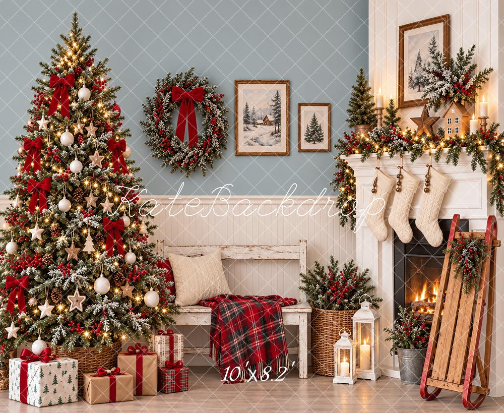 Kate Christmas Tree Fireplace Stockings Wreath Sleigh Printed Backdrop Designed by Vertigo Productions