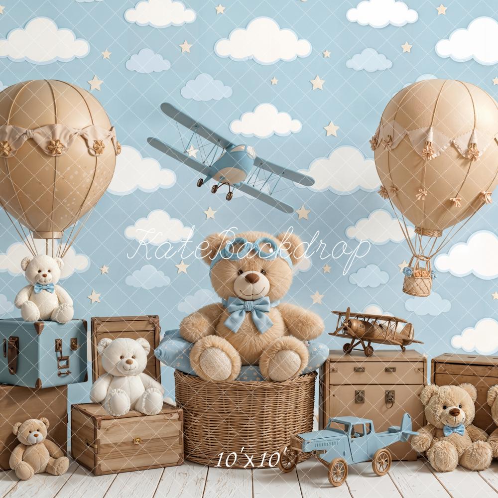 Kate Cake Smash Blue Teddy Bear Hot Air Balloon Airplane Clouds Backdrop Designed by Chain Photography