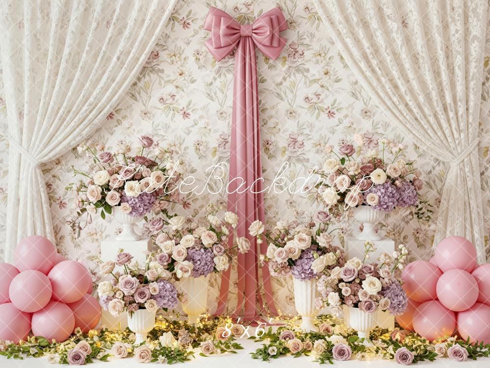 Kate Spring Mother's Day Floral Curtain Pink Bow Balloons Backdrop Designed by Patty Roberts