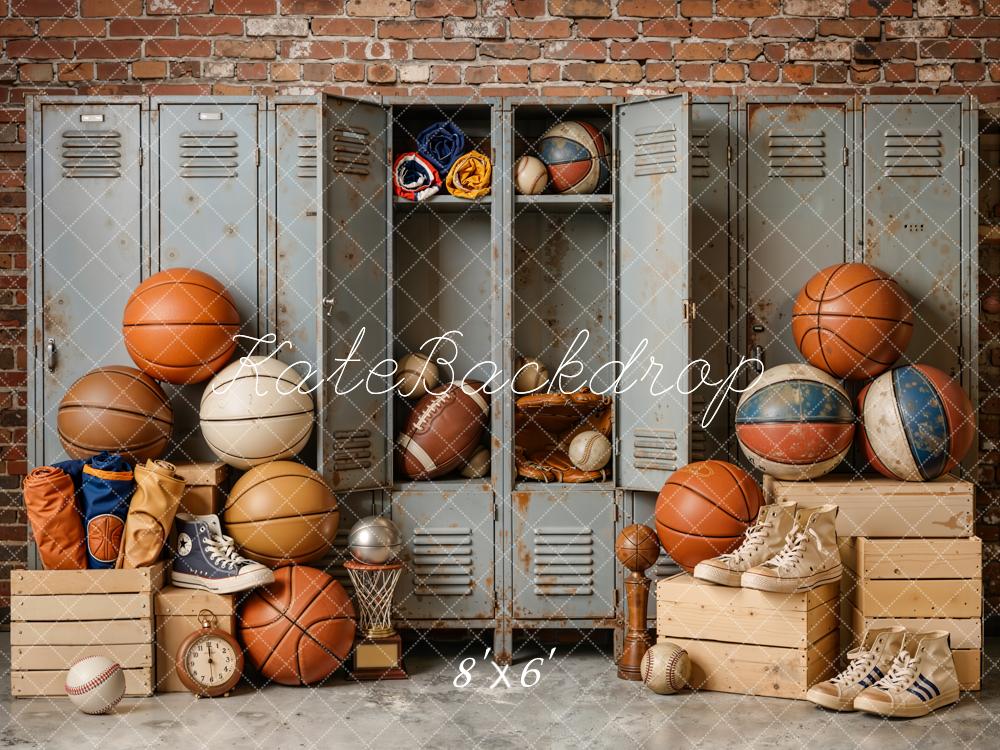 Kate Vintage Sports Locker Room Balls Lockers Brick Wall Sneakers Printed Backdrop Designed by Emetselch