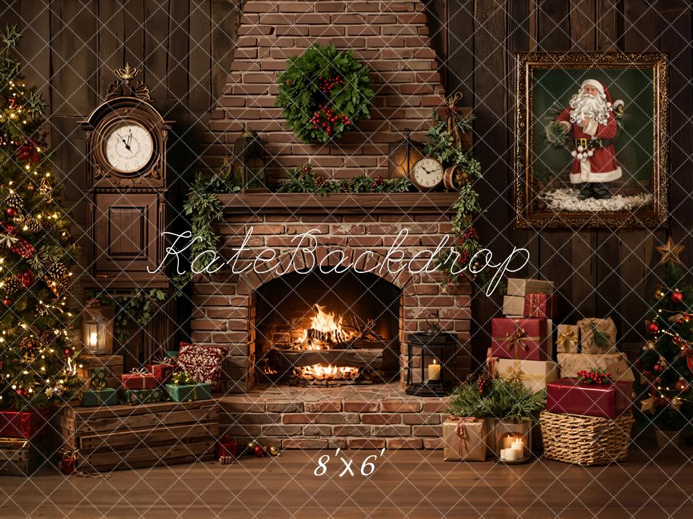 Kate Christmas Fireplace Tree Gifts Brick Wall Santa Printed Backdrop Designed by Emetselch