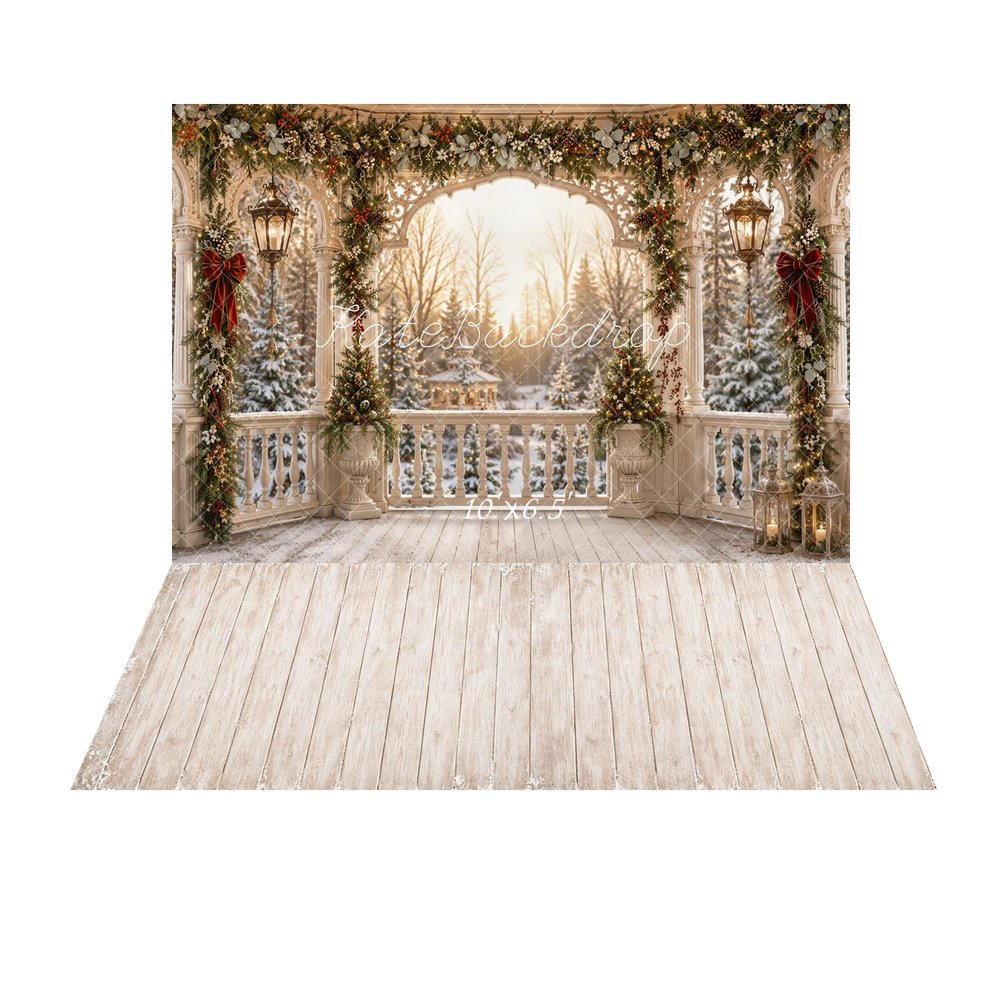 Kate Christmas Garland Gazebo Winter Forest Printed Backdrop+Light Beige Retro Wood Plank Wall Printed Backdrop