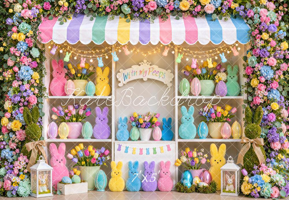 Kate Easter Flower Pastel Bunny Shop Eggs Colorful Printed Backdrop Designed by Mini MakeBelieve