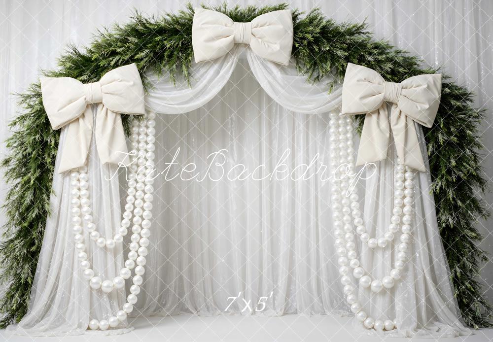 Kate Christmas Bows Pearls Garland Flower Arch Greenery Drapes Printed Backdrop Designed by Mini MakeBelieve