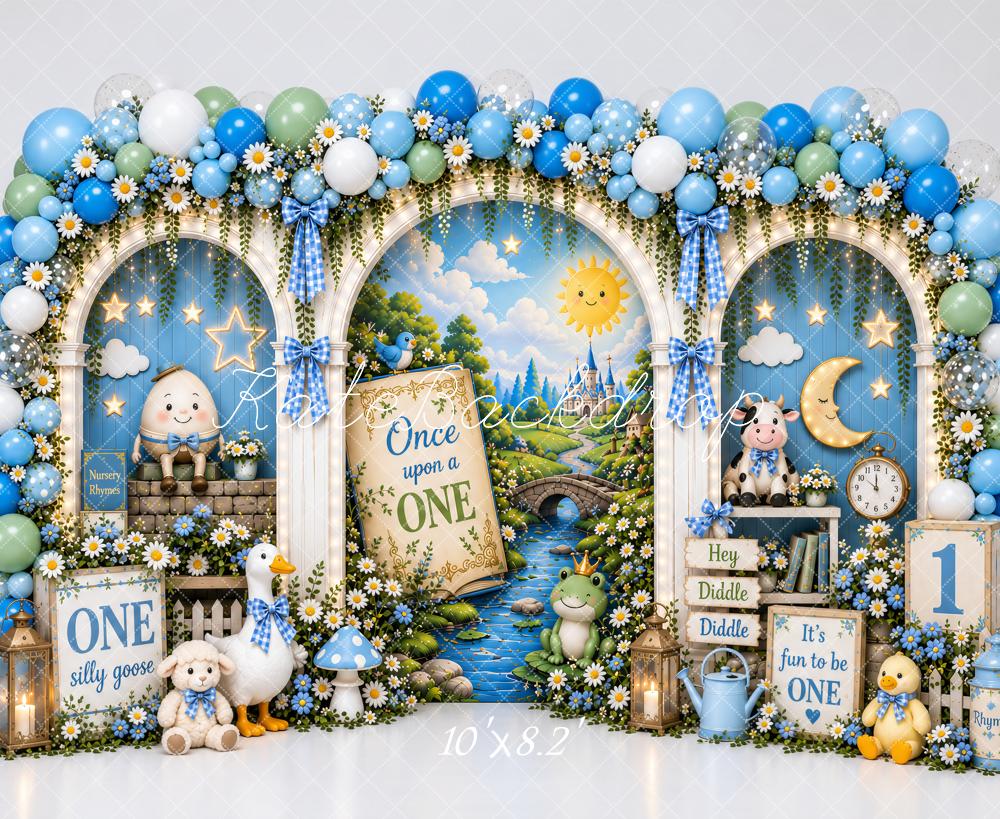 Kate 1st Birthday Nursery Storybook Balloon Arch Goose Blue Printed Backdrop Designed by Ashley Paul
