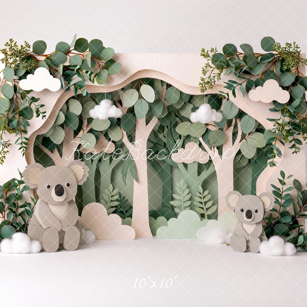 Kate Cake Smash Paper Forest Koala Eucalyptus Greenery Printed Backdrop Designed by Angela Miller