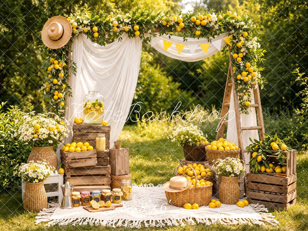Kate Summer Lemon Flower Arch Picnic Printed Backdrop Designed by Emetselch