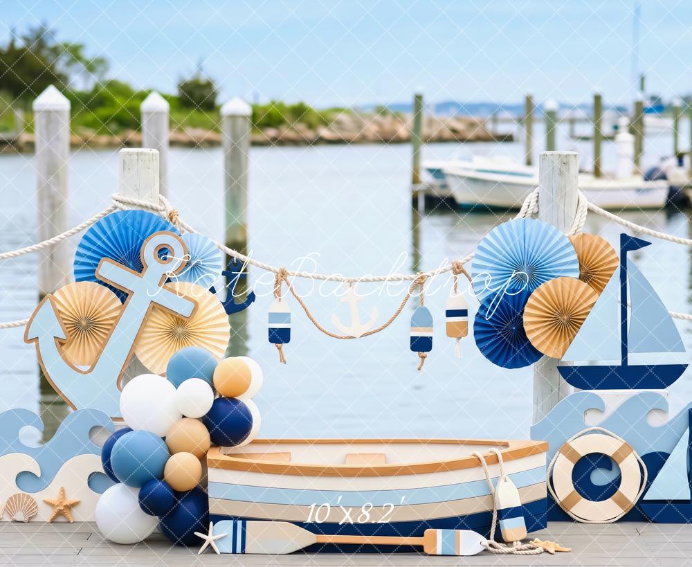 Kate Cake Smash Nautical Dock Boat Anchor Sailboat Blue Printed Backdrop Designed by Patty Roberts