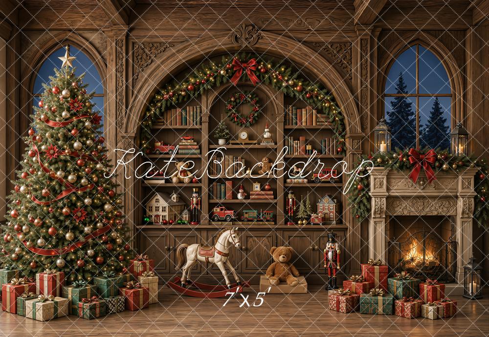 Kate Christmas Tree Toys Room Vintage Wood Wall Fireplace Gifts Printed Backdrop Designed by Emetselch