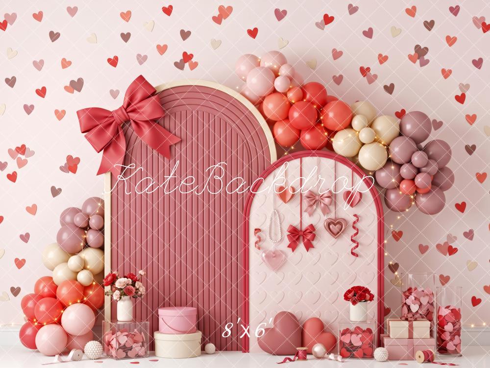 Kate Valentine's Day Cake Smash Pink Heart Balloon Arch Bow Printed Backdrop Designed by Patty Roberts