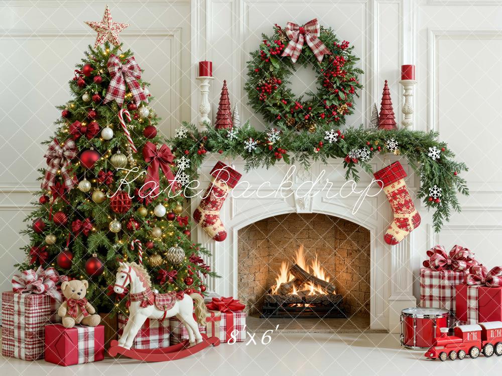 Kate Christmas Fireplace Red Plaid Tree Wreath Gifts Snowflakes Printed Backdrop Designed by Mini MakeBelieve