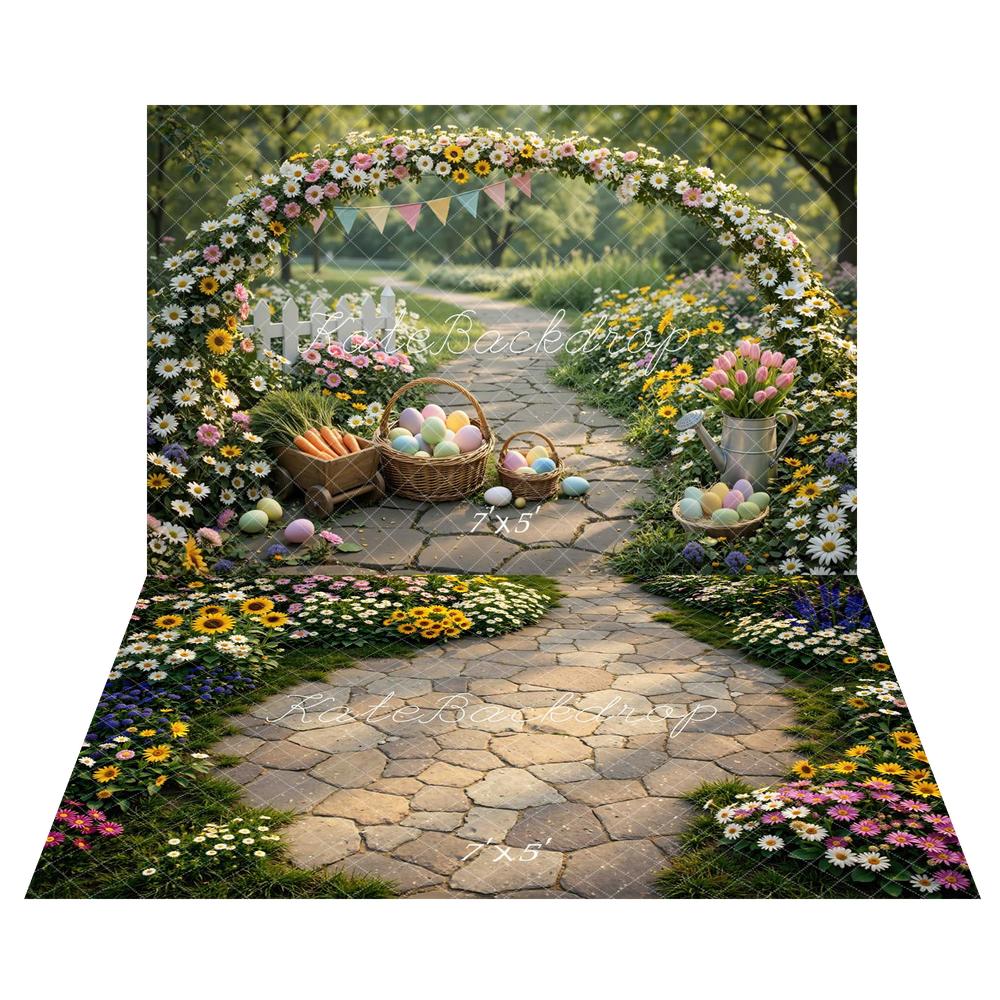 Kate Easter Bunny Flower Arch Garden Eggs Printed Backdrop+Spring Cobblestone Pathway Colorful Garden Flowers Floor Printed Backdrop