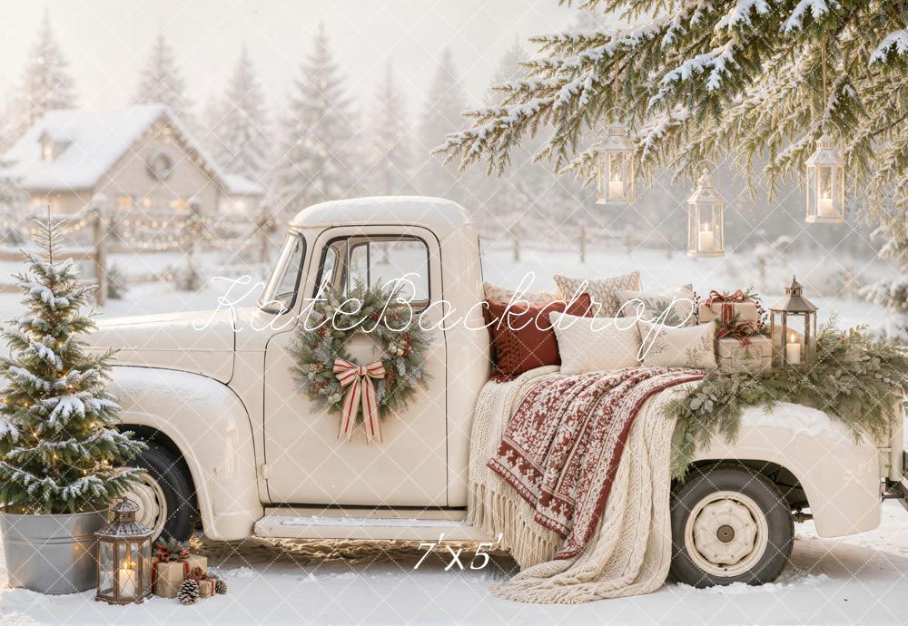 Kate Christmas Countryside Vintage White Truck Snowy Lanterns Blanket Printed Backdrop Designed by Emetselch
