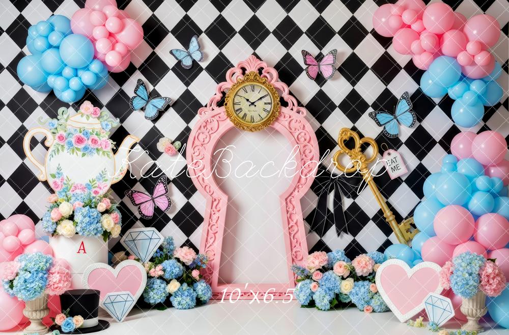 Kate Cake Smash Fantasy Clock Key Teapot Balloons Floral Backdrop Backdrop Designed by Patty Roberts