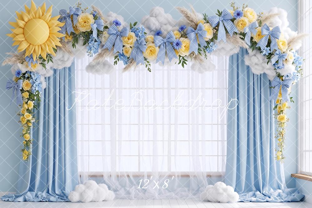 Kate Spring Floral Arch Blue Window Sun Clouds Gingham Bows Printed Backdrop Designed by Angela Miller