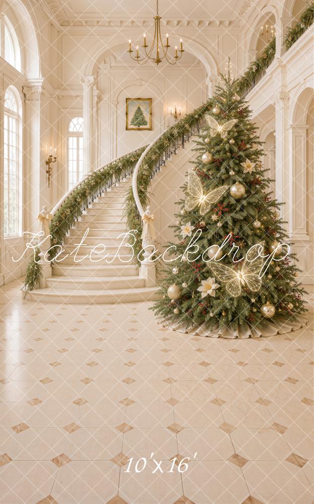 Kate Sweep Christmas Tree Cascading Stairs Butterfly Lights Elegant Printed Backdrop Designed by Emetselch