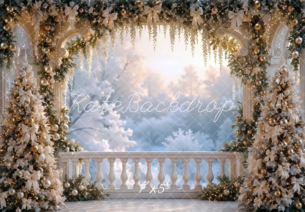 Kate Christmas Balcony White Gold Garland Trees Arch Printed Backdrop Designed by Mini MakeBelieve