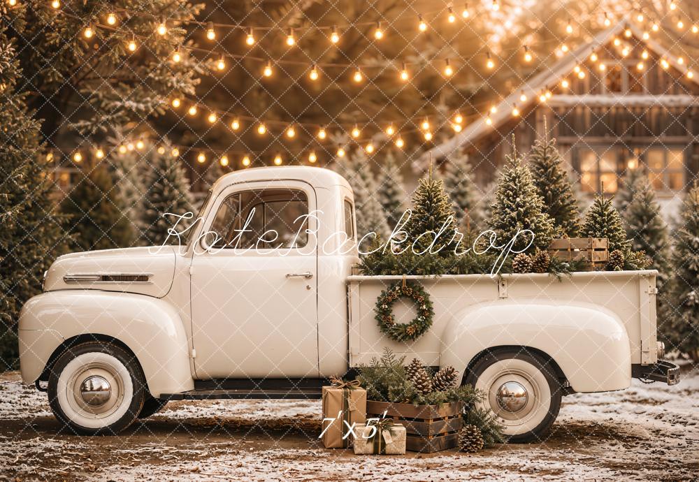 Kate Christmas Vintage Truck Pine Trees String Lights Printed Backdrop Designed by Emetselch