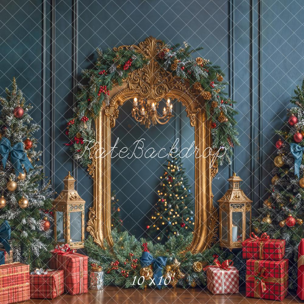 Guirnalda de Navidad Oro Retro Espejo Árboles Azul Fondo de Pared Diseñado por Emetselch