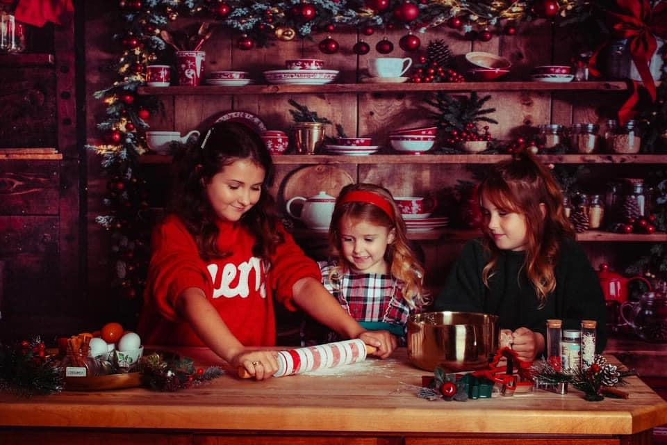 Kate Christmas Kitchen Shelf Red Cabinet Rustic Brick Wall Backdrop Designed by Emetselch