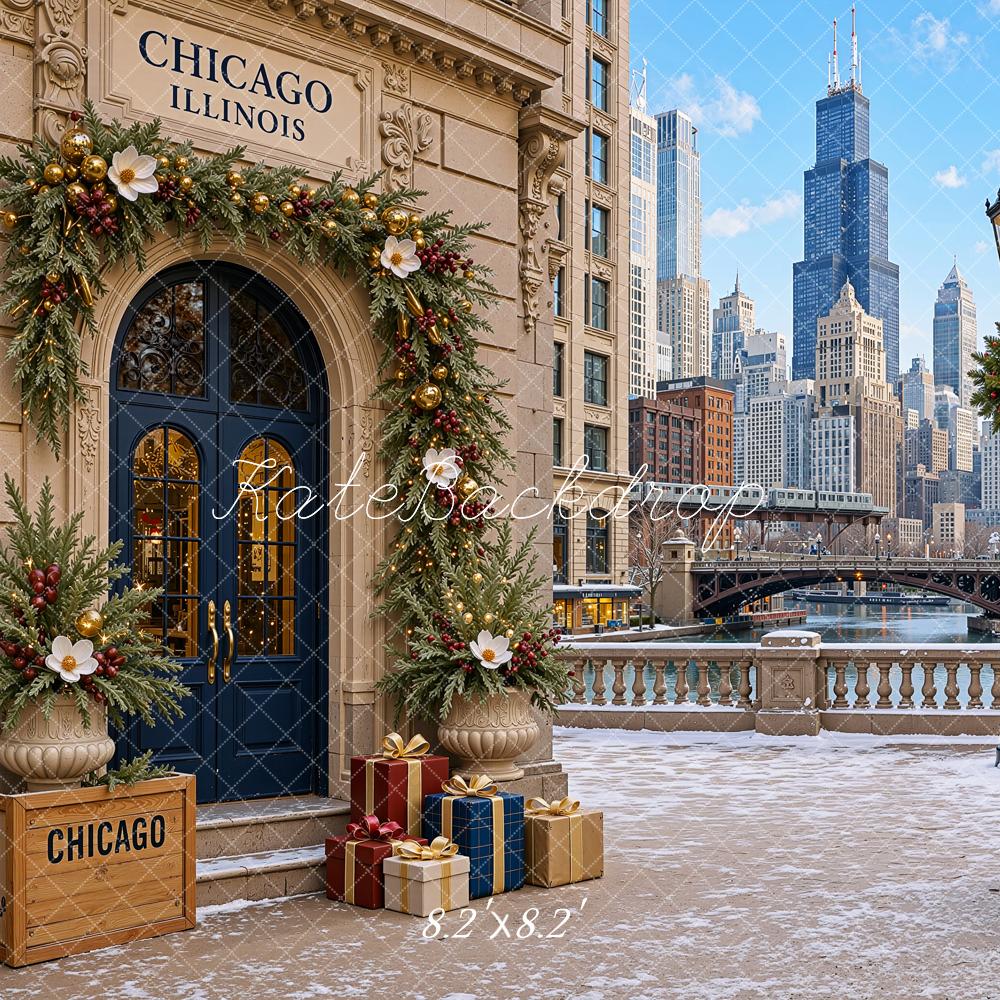 Kate Christmas Trees Chicago Cityscape Architecture Printed Backdrop Designed by Shutter Swan Studios