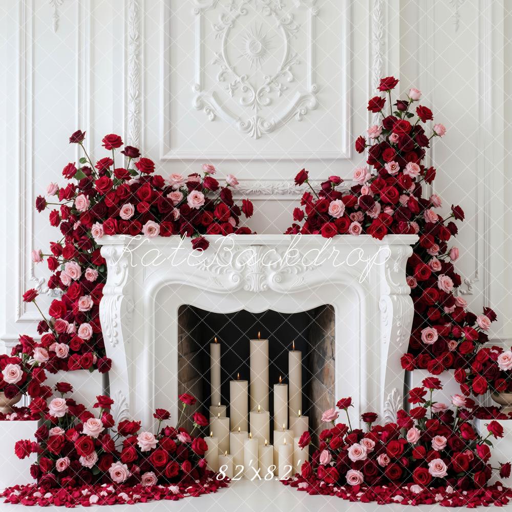 Kate Valentine's Day Red Pink Roses Fireplace Candles Backdrop Designed by Mini MakeBelieve