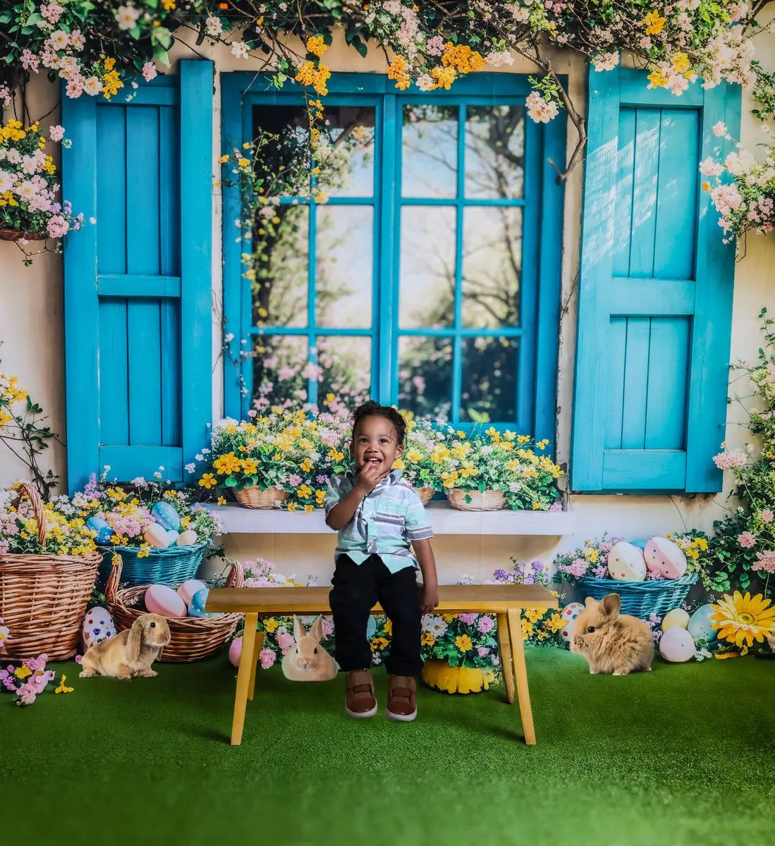 Kate Easter Floral Eggs Blue Window Backdrop Designed by Emetselch