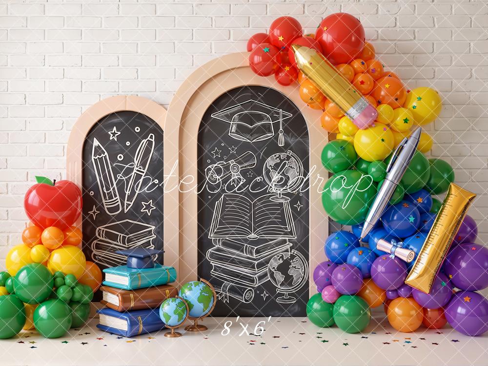Kate Back to School Chalkboard Arch Books Balloons Globes Printed Backdrop Designed by Emetselch