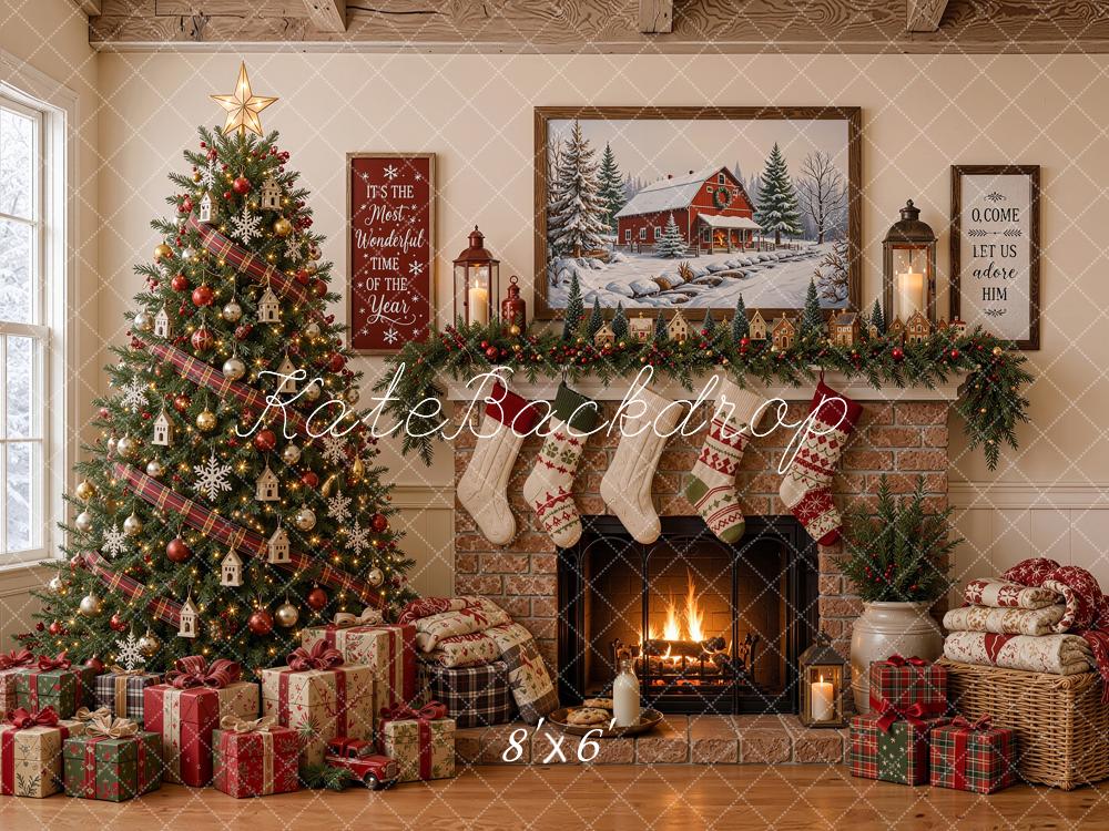 Kate Christmas Tree Stone Fireplace Gifts Stockings Rustic Printed Backdrop Designed by Shutter Swan Studios
