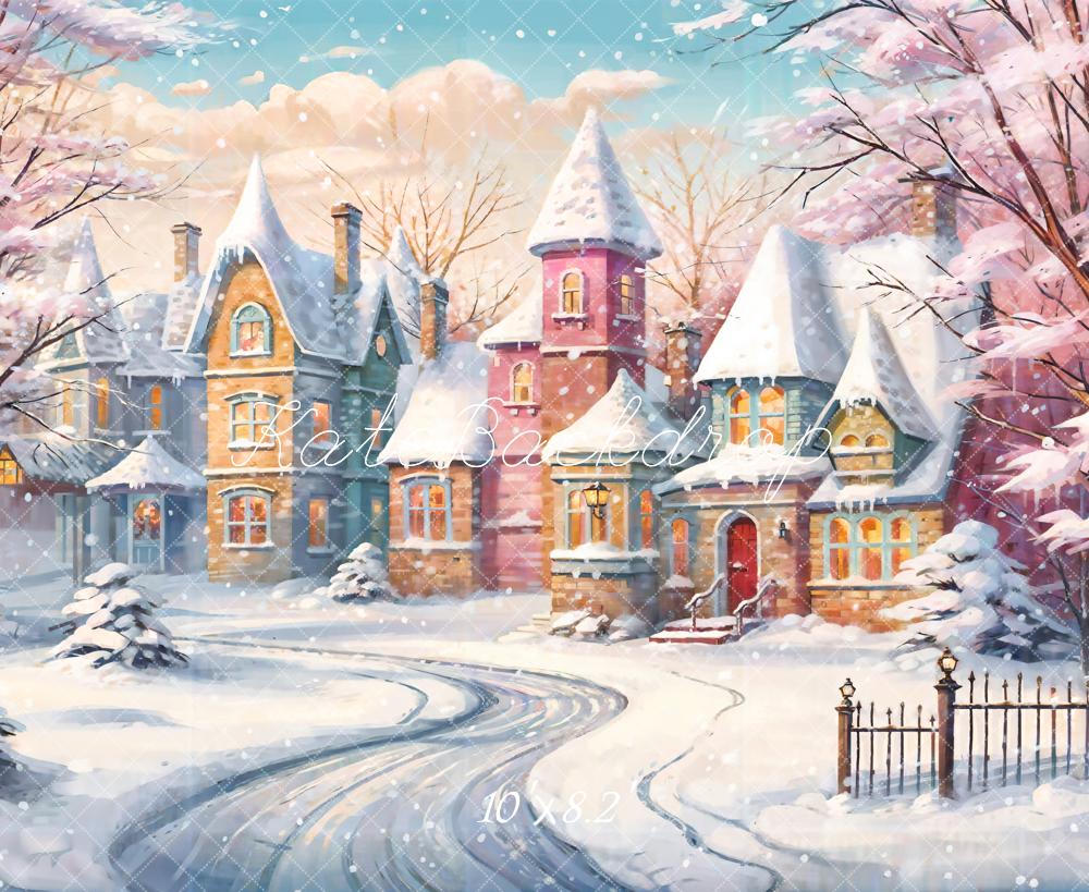 Fondo Colorido de Casa con Árboles de Flores Rosadas de Navidad al Aire Libre Diseñado por GQ