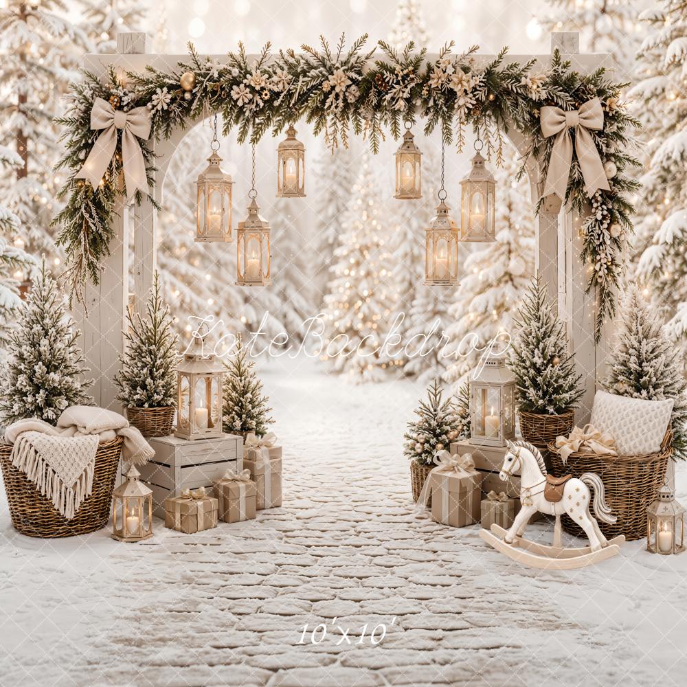 Kate Christmas Garland Arch Lanterns Snowy Forest Rocking Horse Printed Backdrop Designed by Emetselch