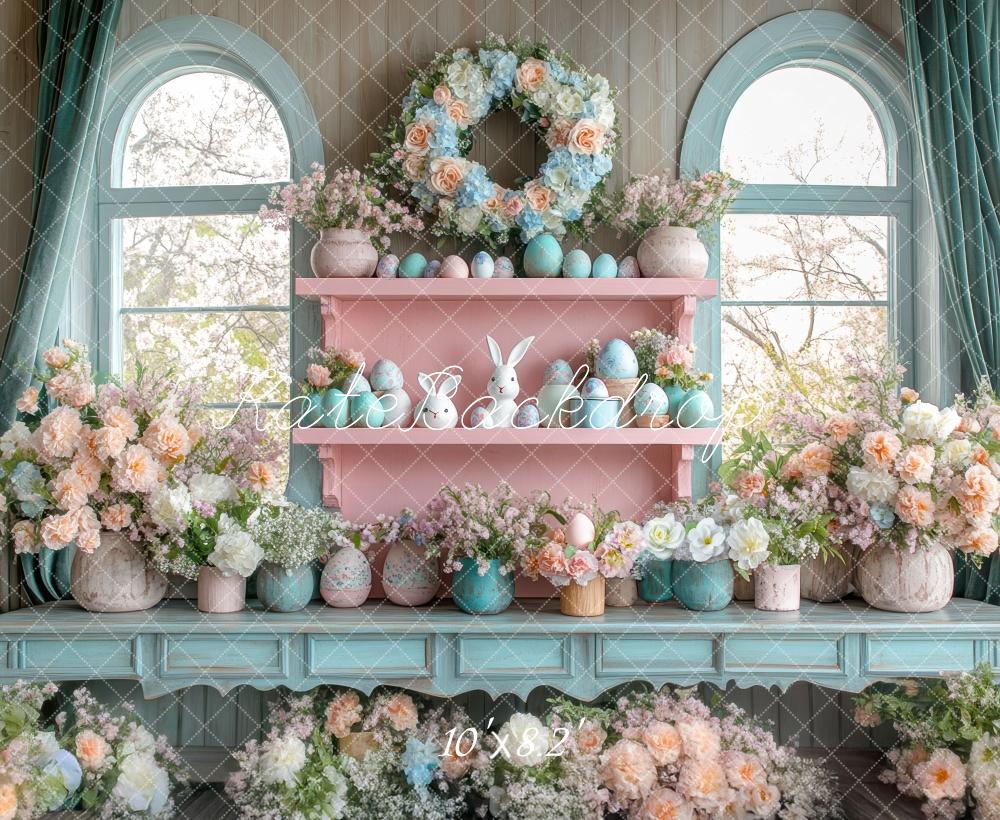 Easter Interior Bunny Floral Blue Foto Achtergrond Designed by Mini MakeBelieve