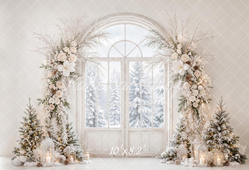 Kate Christmas Flower Arch White Winter Door Snowy Printed Backdrop Designed by Emetselch