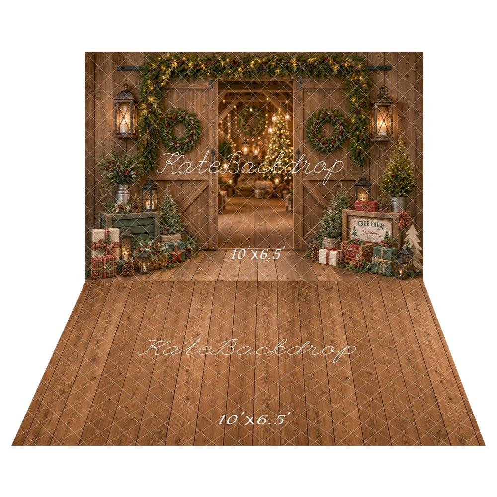 Kate Christmas Rustic Barn Door Garland Wreath Trees Printed Backdrop+Brown Wood Plank Floor Printed Backdrop