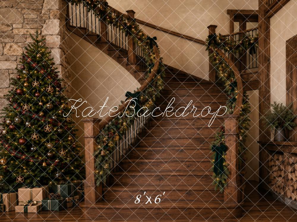 Kate Christmas Rustic Wood Staircase Garland Christmas Tree Printed Backdrop Designed by Vertigo Productions