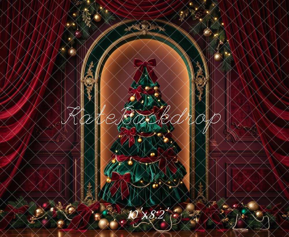 Kate Christmas Tree Elegant Red Velvet Curtains Ornaments Printed Backdrop Designed by Patty Roberts