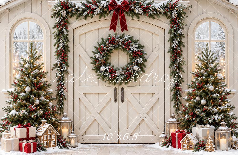 Kate Christmas White Barn Door Garland Wreath Snowy Trees Printed Backdrop Designed by Emetselch