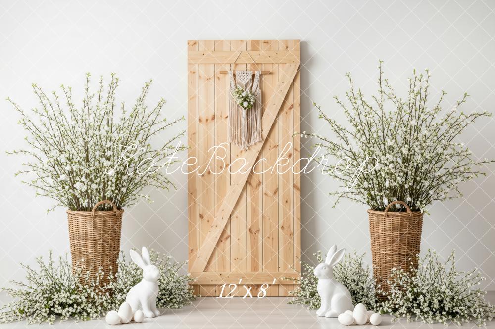 Kate Easter Bunny Wooden Door Wicker Baskets White Flowers Backdrop Designed by Patty Roberts