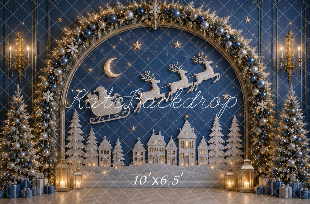Kate Christmas Tree Blue Wall Snowy Village Sleigh Arch Printed Backdrop Designed by Caitlin Lynch