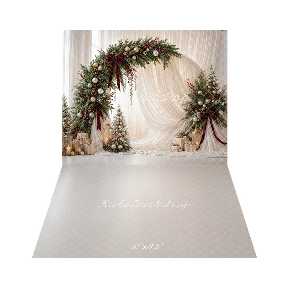 Kate Christmas Circle Flower Arch White Drapes Gold Ornaments Gifts Printed Backdrop+White Floor Printed Backdrop