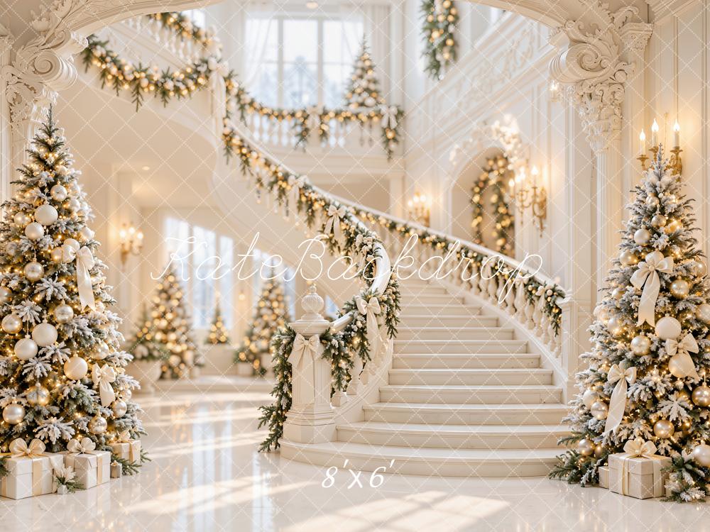 Kate Christmas Trees White Grand Staircase Garland Luxury Printed Backdrop Designed by Emetselch