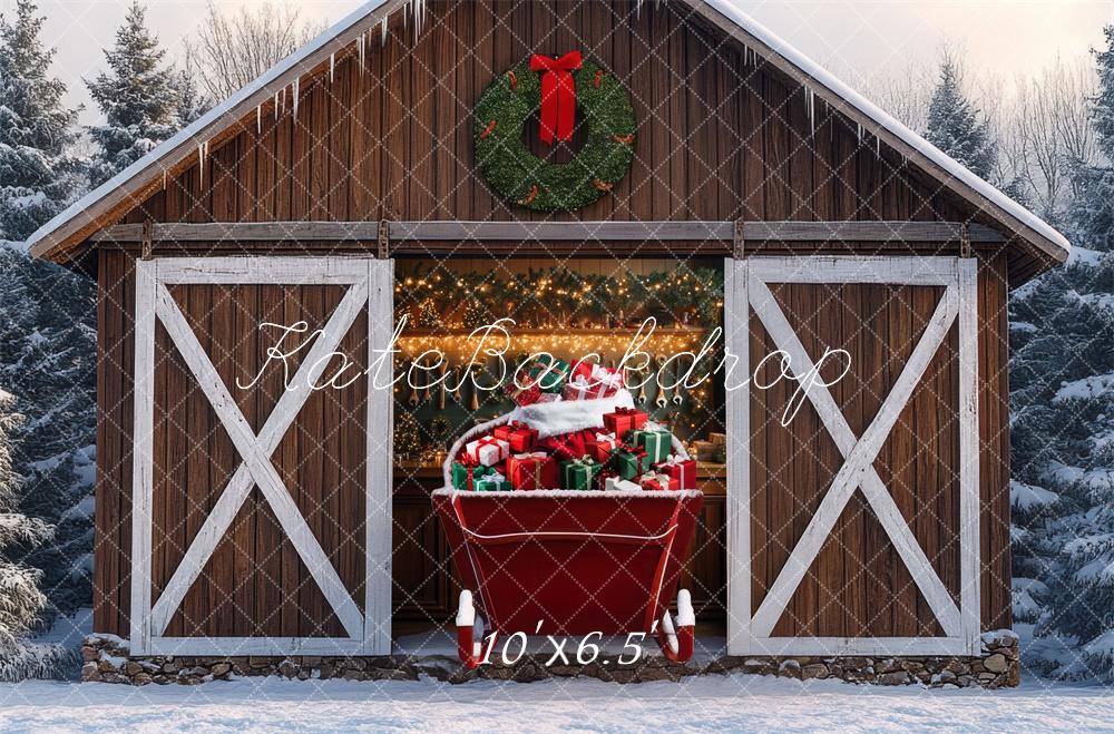 Kate Christmas Sleigh Cabin Gifts Backdrop Designed by Mini MakeBelieve