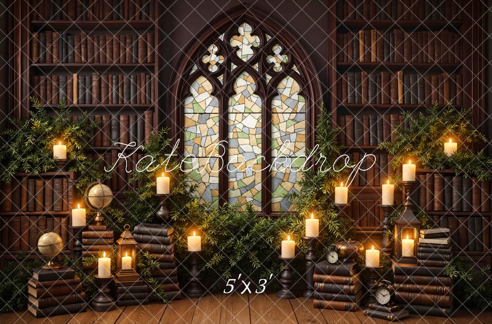 Kate Library Bookshelves Stained Glass Candles Backdrop Designed by Mini MakeBelieve
