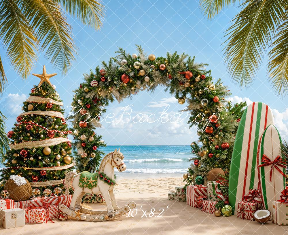 Kate Christmas Beach Tree Pine Arch Surfboard Rocking Horse Printed Backdrop Designed by Emetselch