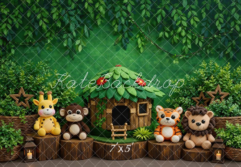 Kate Jungle Animals Hut Tree Stumps Greenery Printed Backdrop Designed by Mini MakeBelieve