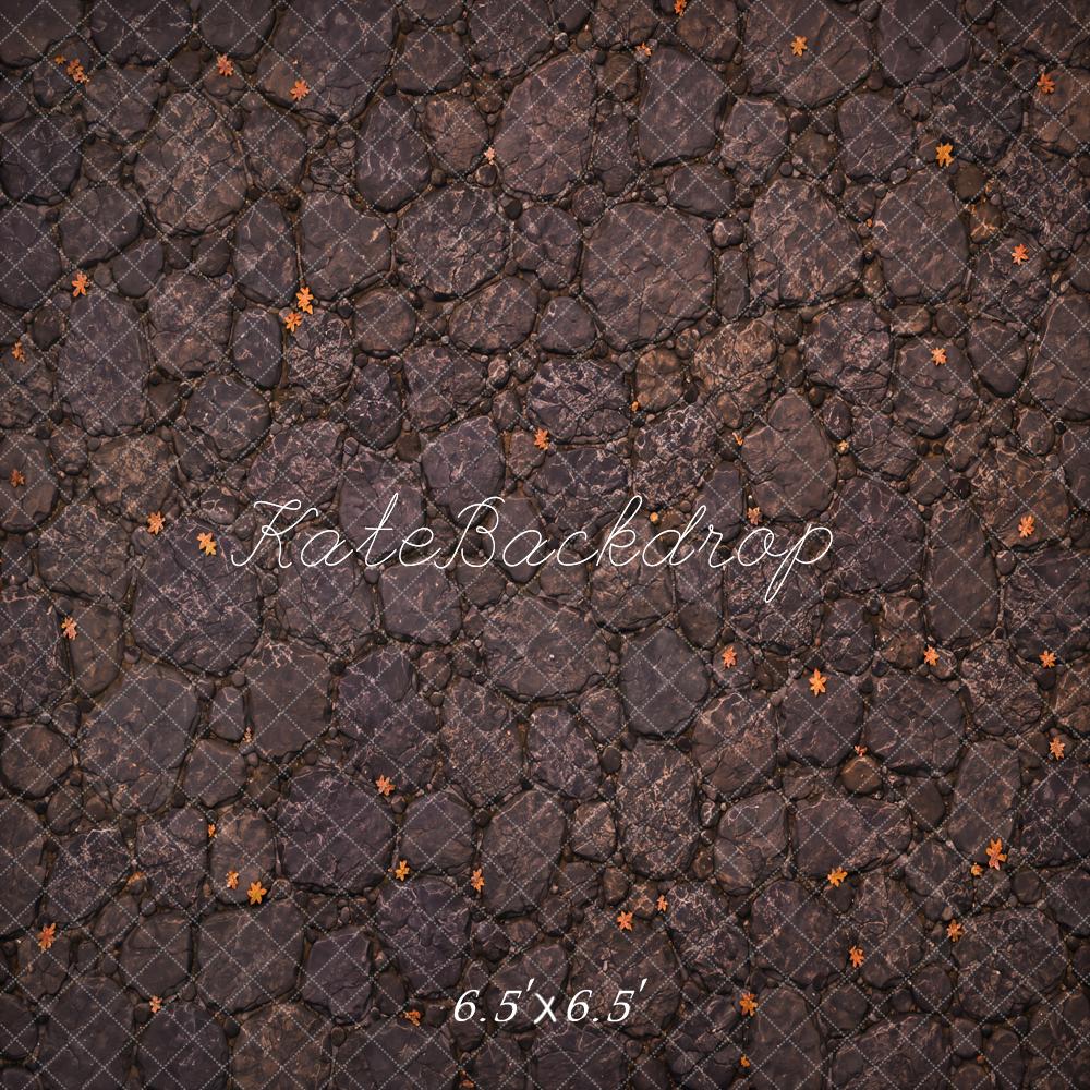 Kate Fall Dark Gray Cobblestone Fallen Leaves Floor Printed Backdrop Designed by Kate Image