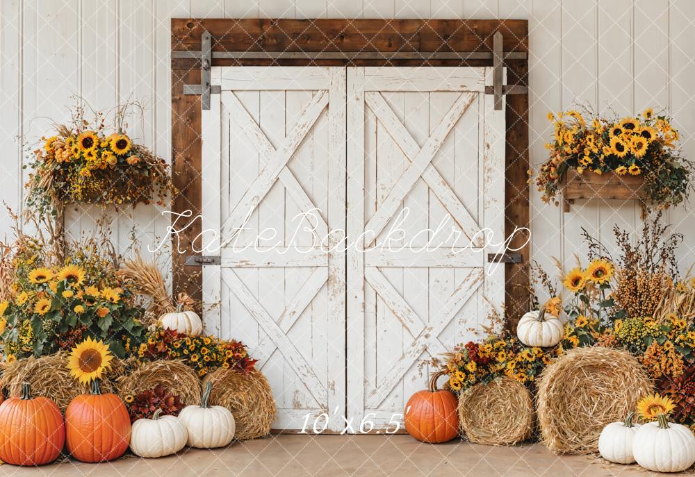 Kate Fall Barn Door Sunflower Harvest Pumpkins Backdrop Designed by Emetselch