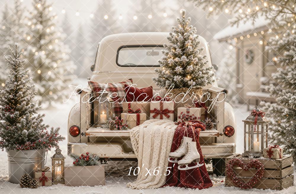 Kate Christmas Vintage White Truck Tree Gifts Ice Skates Snow Printed Backdrop Designed by Emetselch